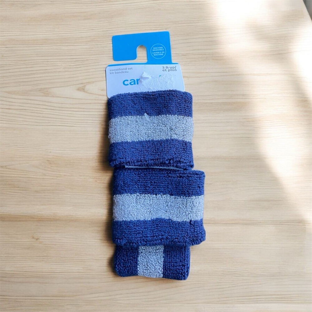 NEW Kids Carter's Blue Gray Striped Sweatband Set Wristband Headband Athletic